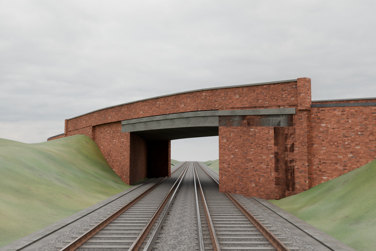 Actual final Blender rail-level render of the selected Hengist bridge delivery, with the original detailed double track beneath its concrete deck and brick-faced approaches.
