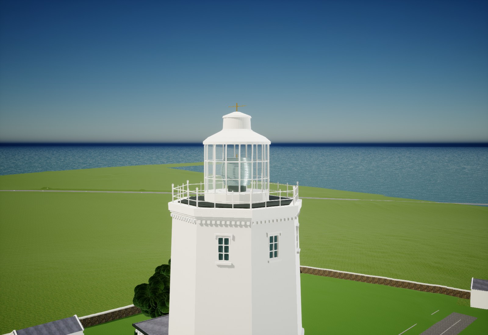 Actual Unreal view of the new North Foreland Lighthouse lantern, with gallery railings, glazing and Fresnel optic; integration review still in progress.
