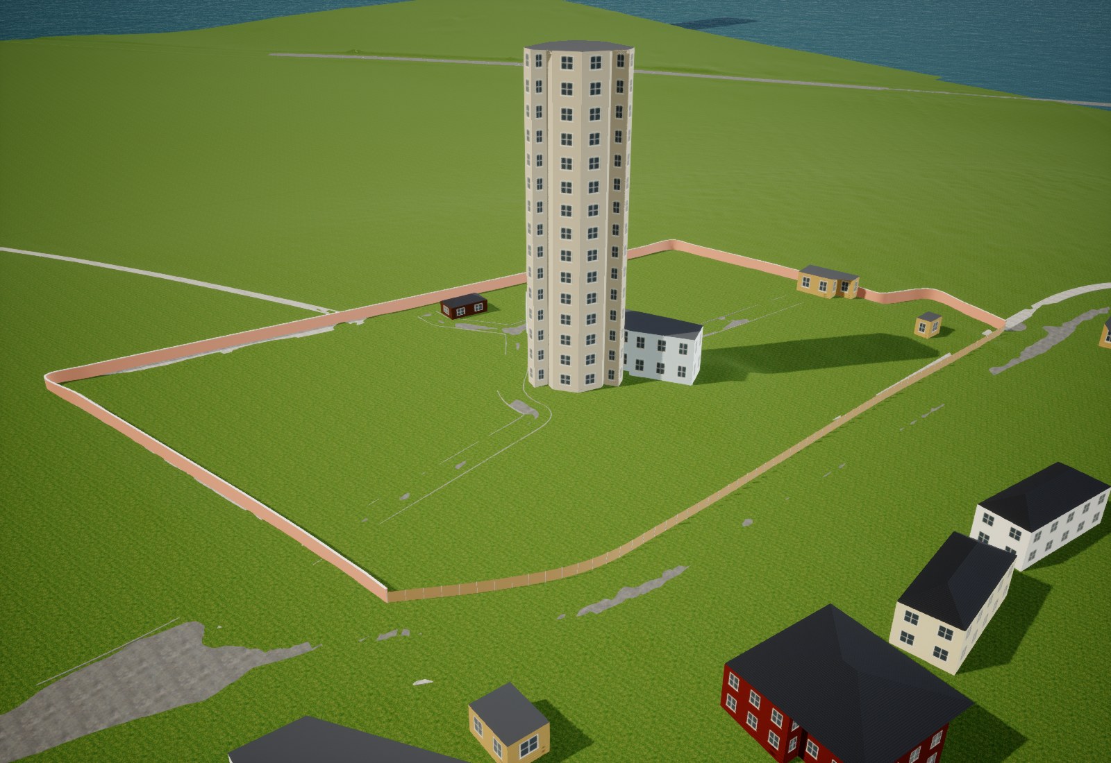 Before reconstruction: actual Unreal view of North Foreland with an oversized generic tower, placeholder cottages and fragmented paths.
