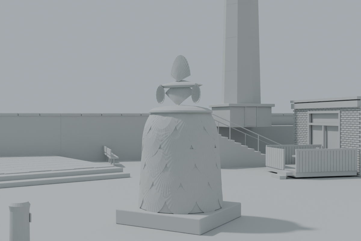 Work-in-progress grey Blender geometry render of the modelled Shell Lady, lighthouse stair and pub terrace; shoulder and arm shape refinement remains pending.