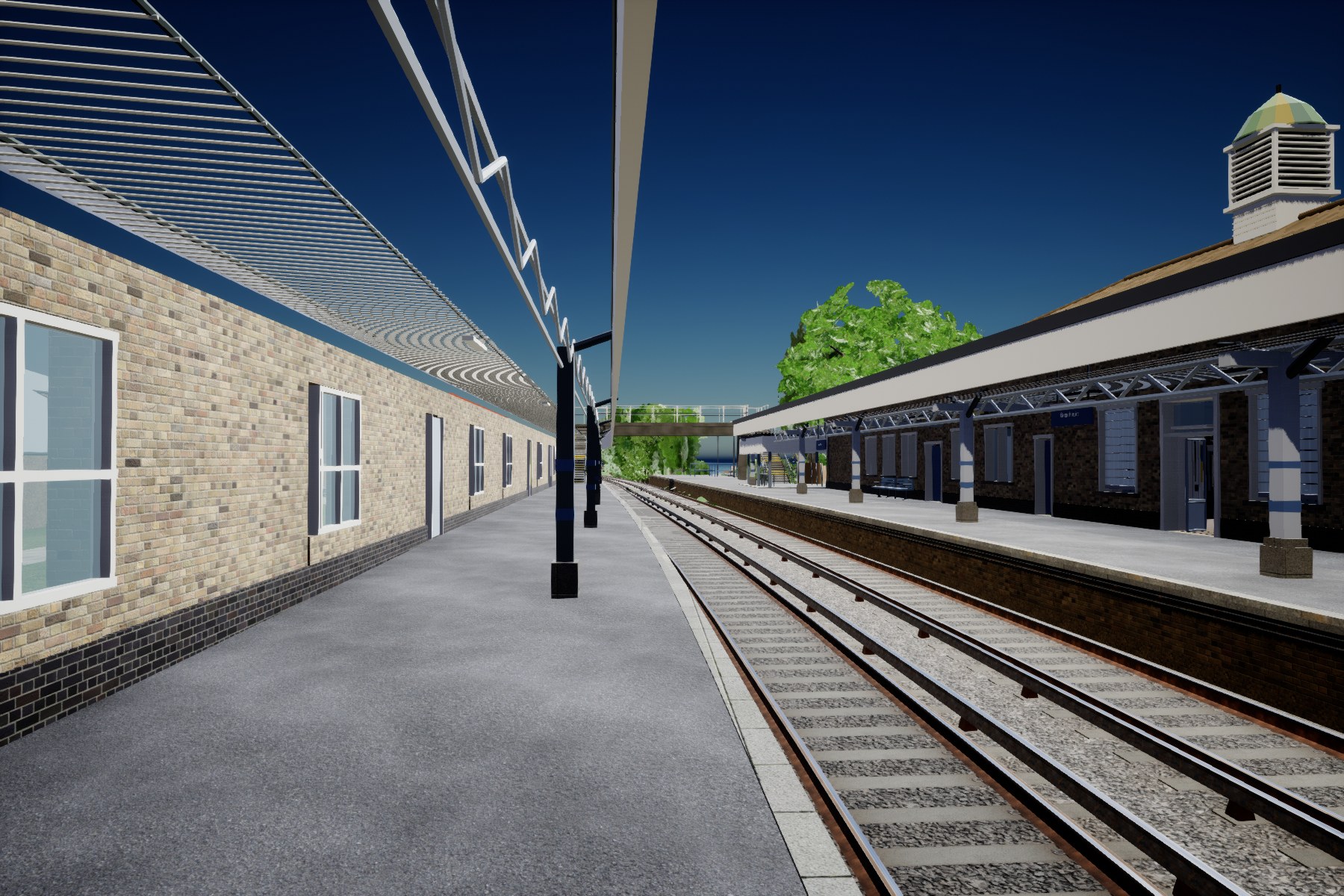 Actual Unreal starting-state render of Broadstairs station. Sky is visible through the near canopy and some platform warning markings are absent. This is the baseline before the station roof correction.
