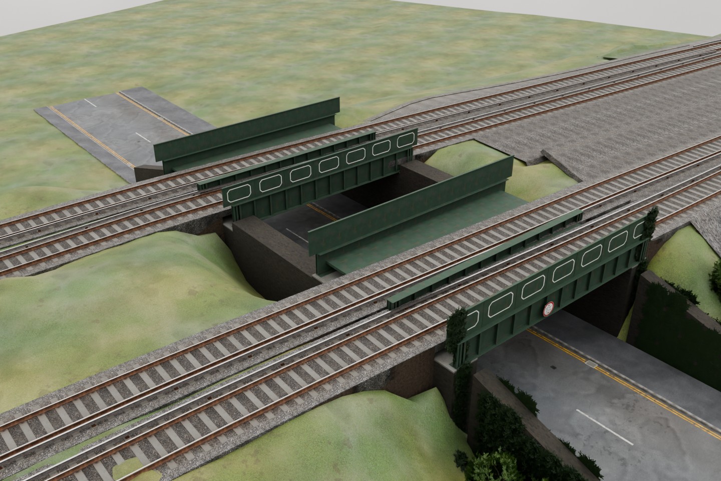 Actual aerial Blender render of the All Saints Avenue twin green railway bridges, white decorative fascia panels, four detailed tracks, curved road and footways below.