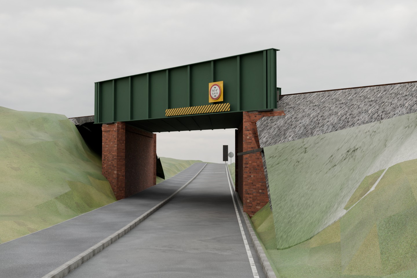 Starting Minnis Road model: green steel railway bridge over a single road lane and footway, with exposed formation sheets and gaps beside the brick abutments.