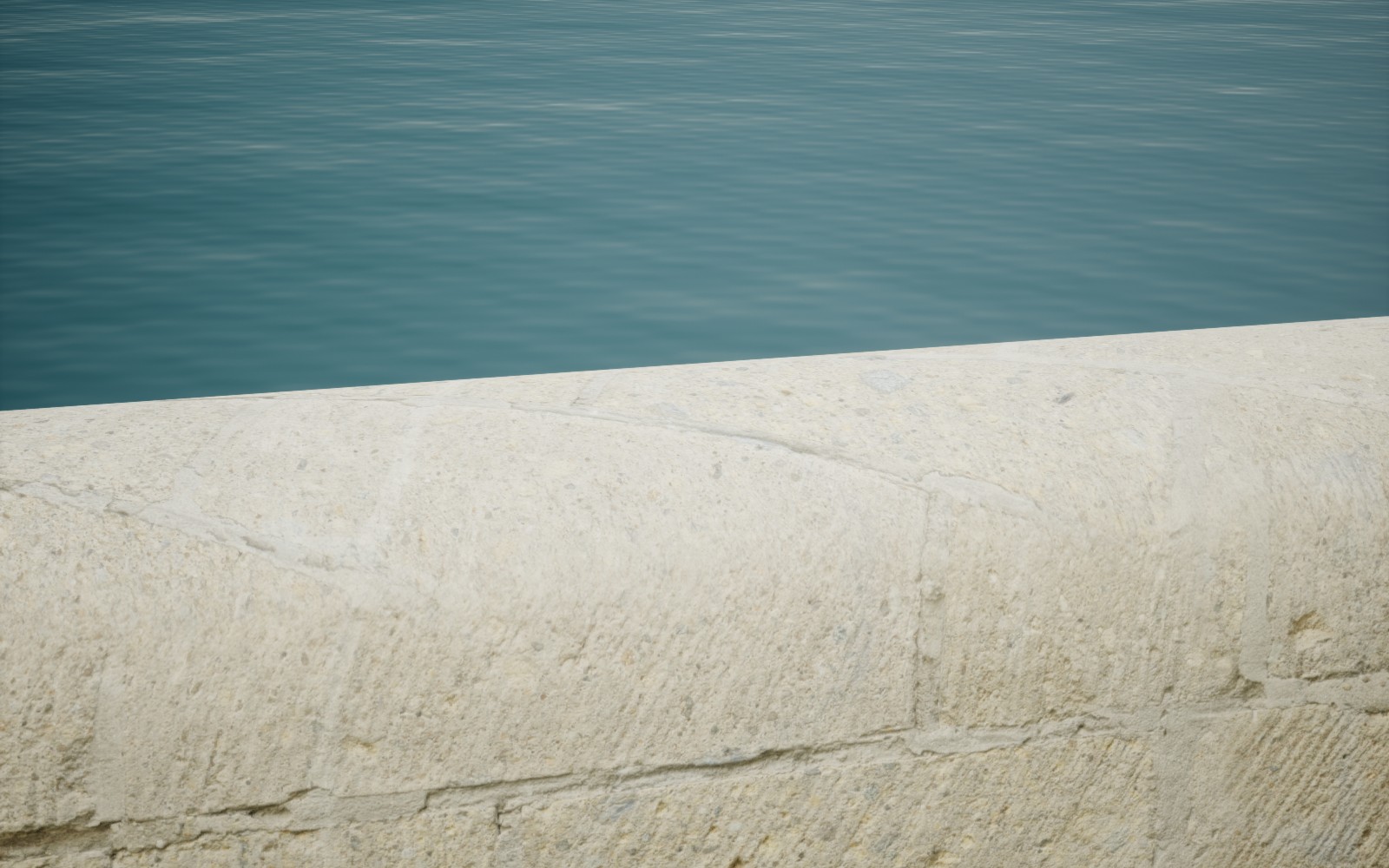Native diagnostic render of the continuous rounded harbour wall top with its existing pale stone texture; work in progress, before final visual acceptance.