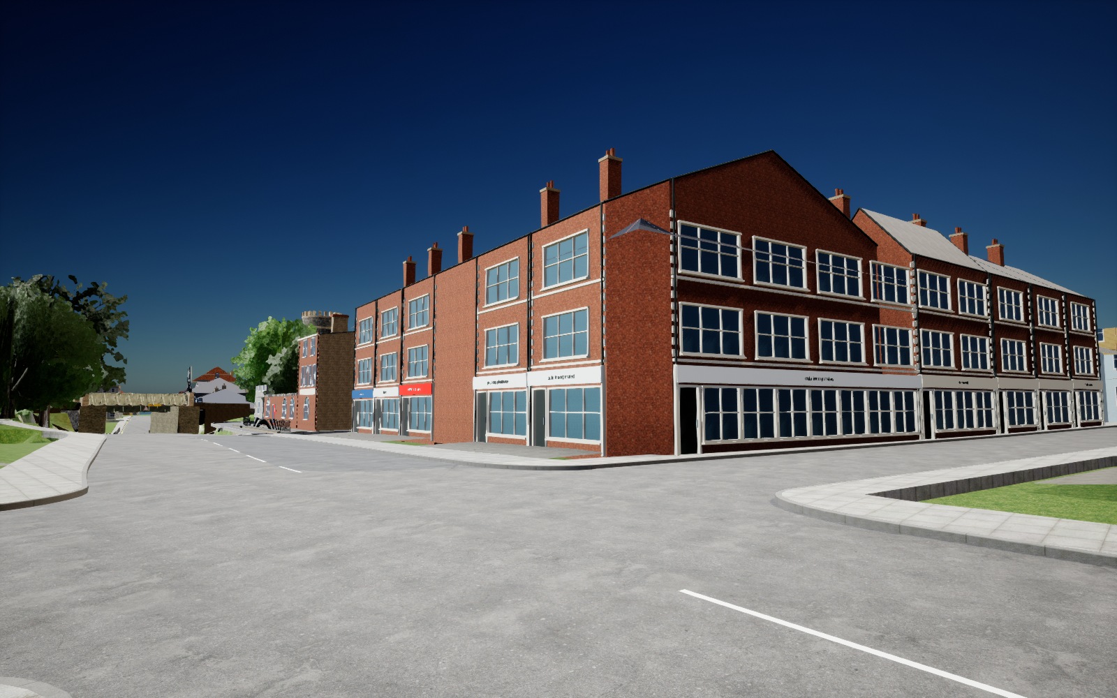 Verified saved Unreal view of The Broadway junction with new red-brick shop fronts, pale trim, recessed windows and chimneys, beside the existing Broadstairs bridge approach.