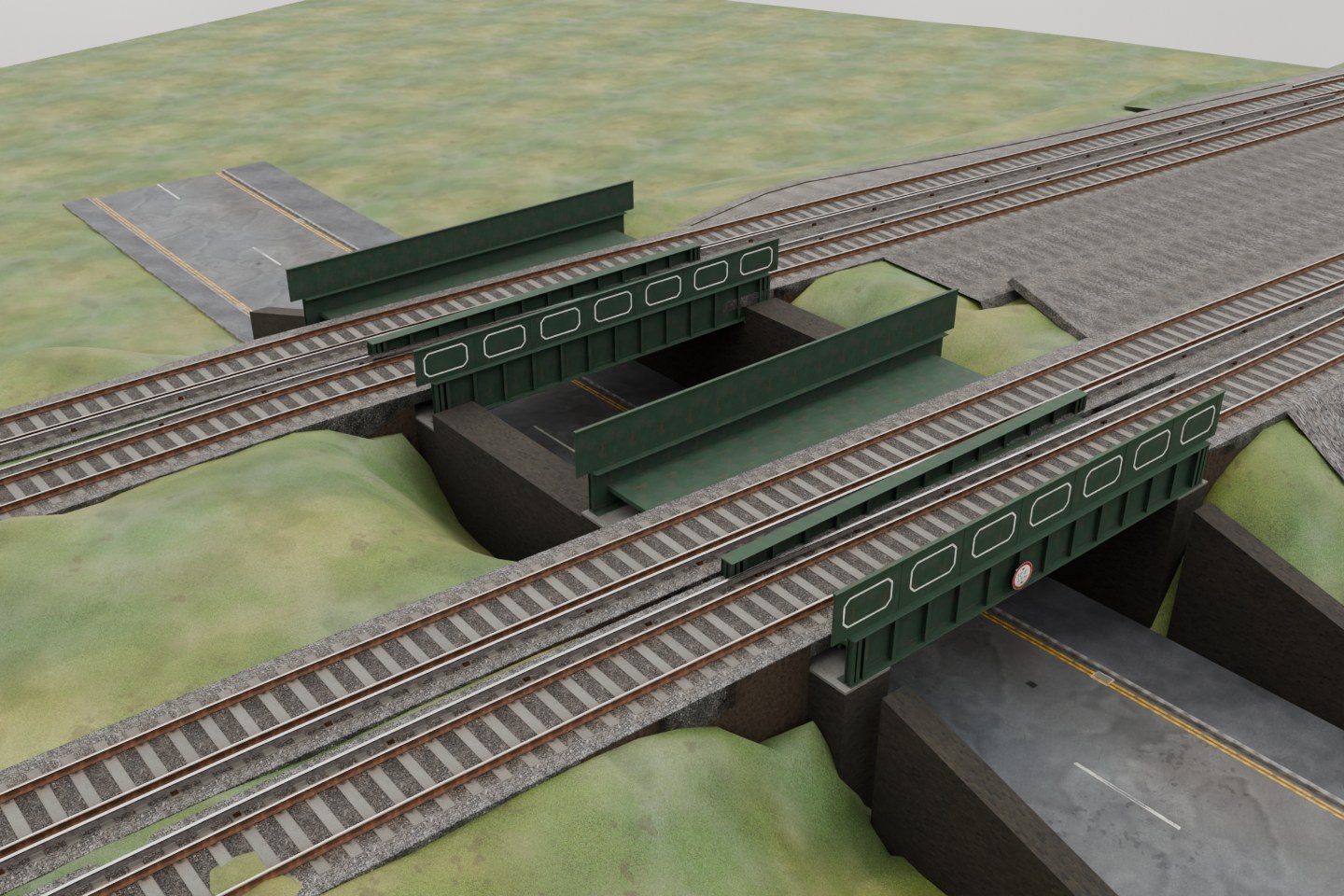 Actual work-in-progress Blender aerial render of the two green All Saints Avenue rail bridges, with solid earth support beneath the ballast beside the brick abutments. No vegetation has been added yet.