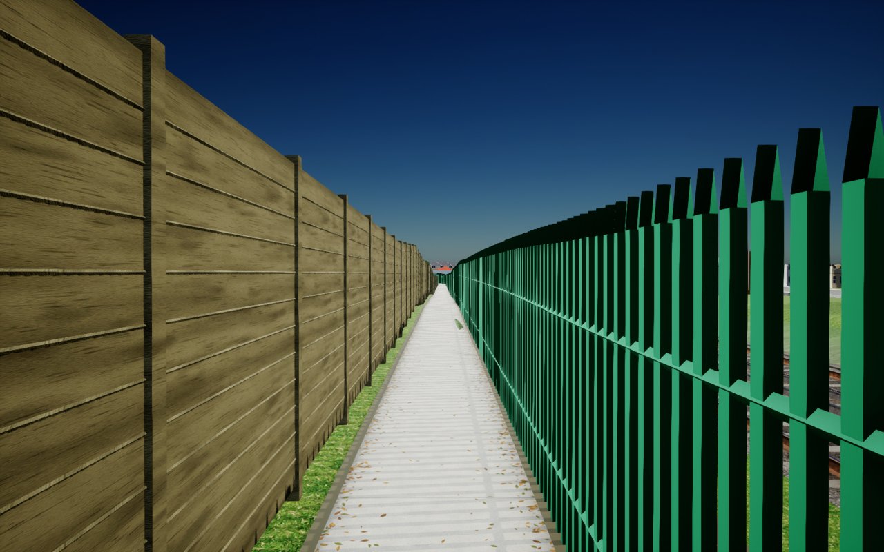 Actual Unreal capture before correction: low green security fencing beside taller-looking timber garden panels and a narrow concrete alley; spike shading and rail joints need repair.
