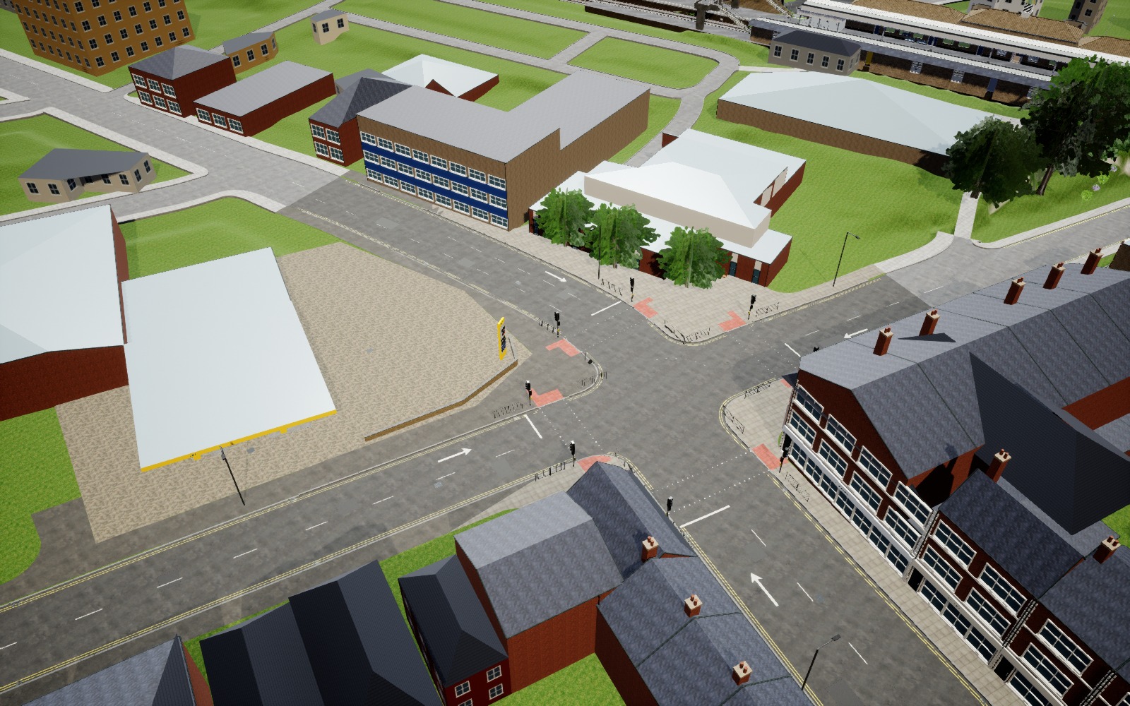 Existing Unreal overview before the petrol-station corner setback, with the large pale forecourt projecting toward Broadway crossroads.