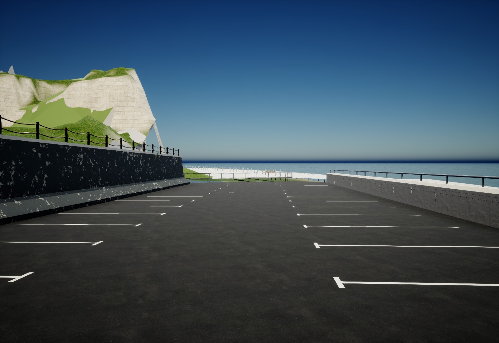 Unreal review capture of the subsequently installed and freshly verified harbour carpark: asphalt bays, weathered retaining wall on the left, cream sea parapet on the right and open rails at the far end.