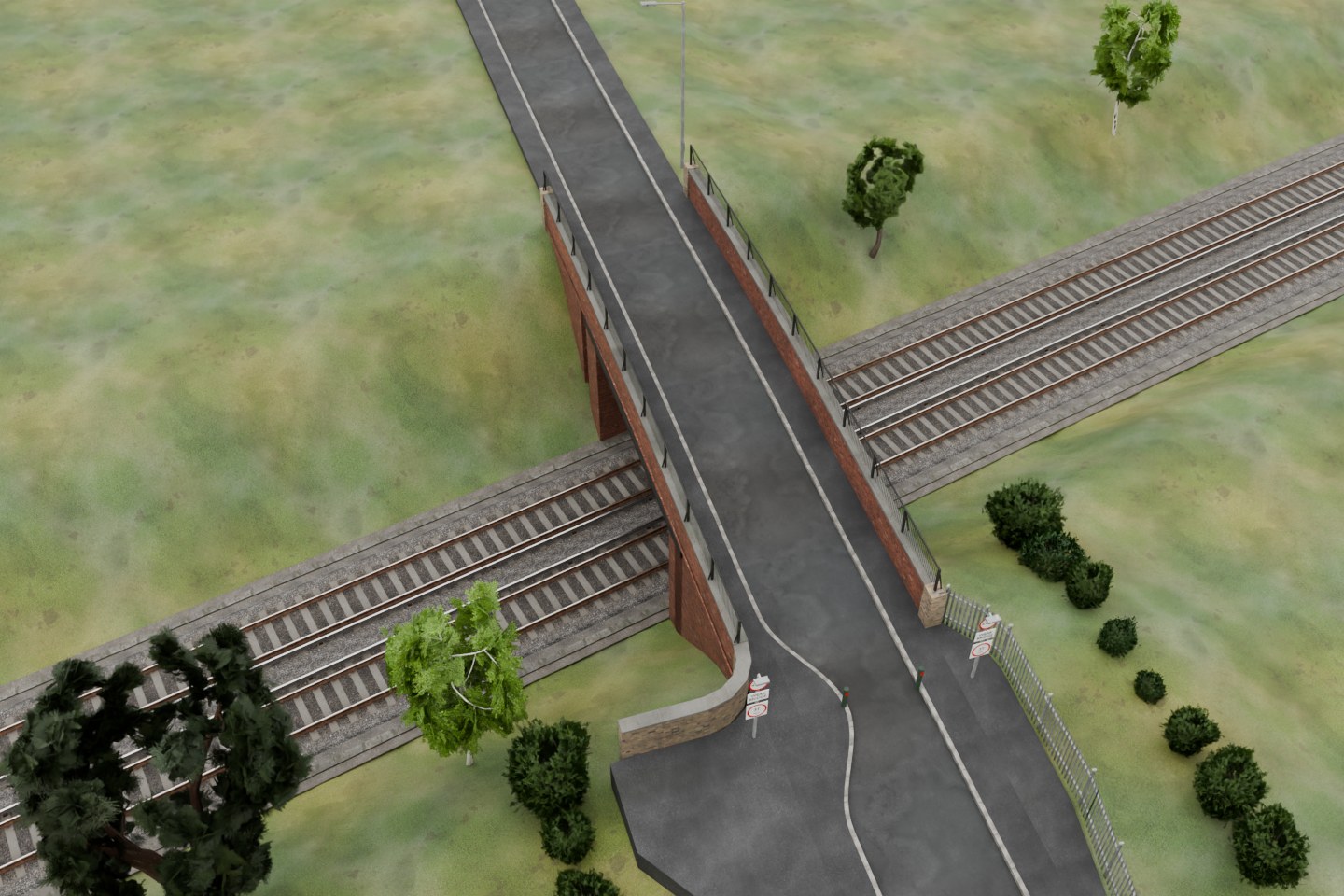Actual aerial Blender render of the unfinished Domneva Road bridge candidate11, showing original detailed railway tracks, curved approach paving, masonry parapets, a palisade fence and sparse survey-positioned trees and shrubs.