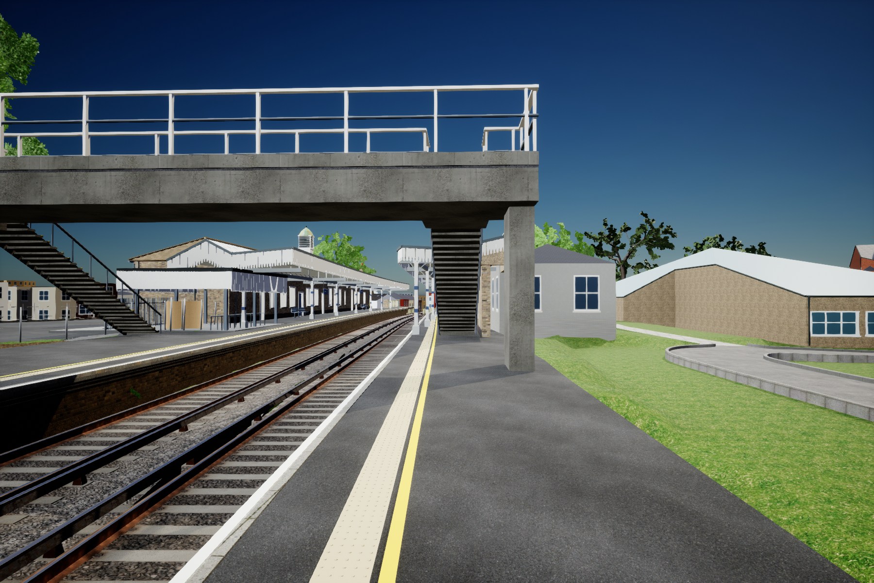 Actual saved Unreal view south beneath the Broadstairs station footbridge after track and roof repairs. The rails are clear of large green ground spikes; solid white canopies, decorative valances and platform warning strips are visible.