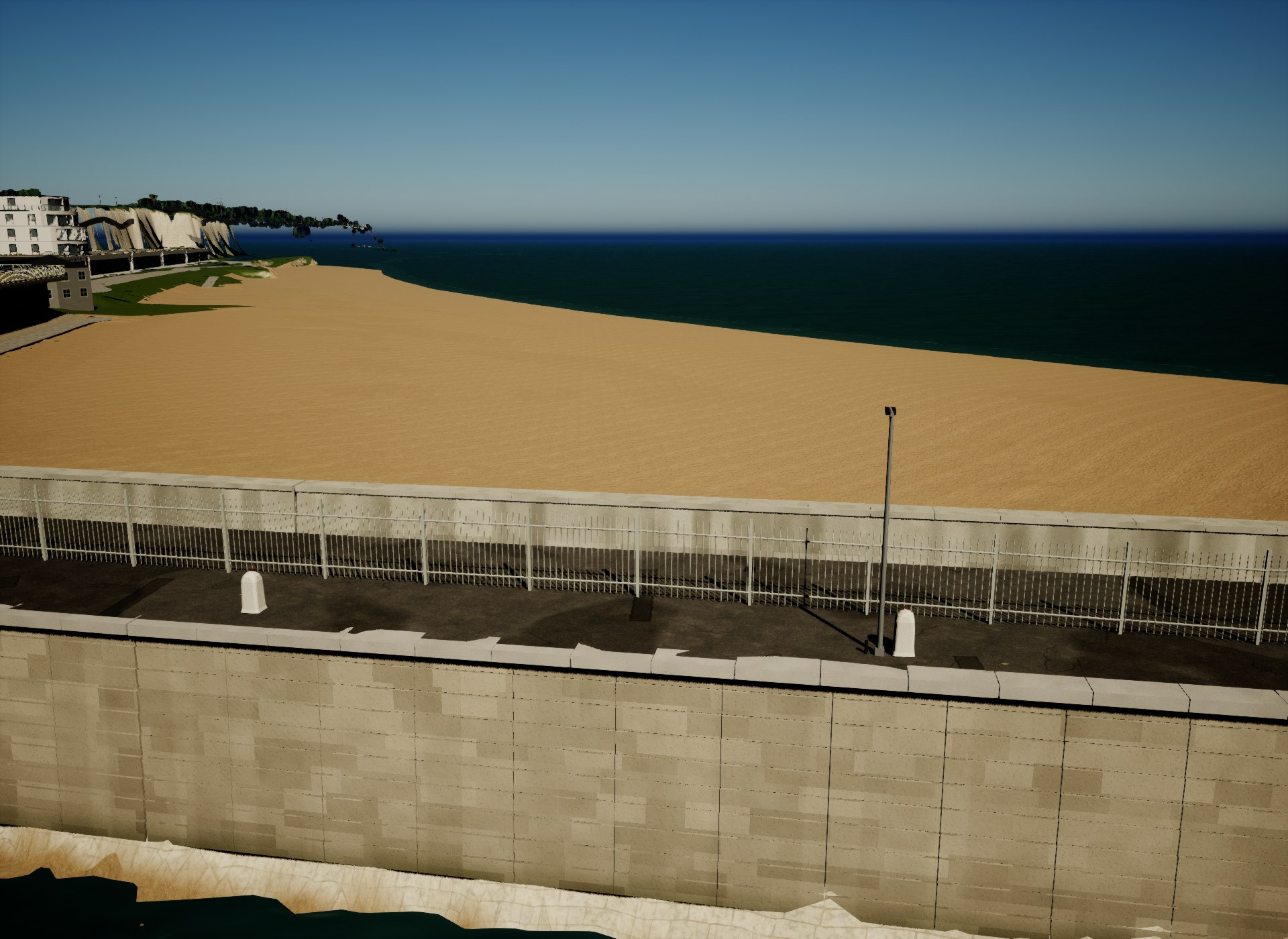 Actual saved-engine geometry diagnostic after the survey-based beach repair: smooth sand replaces the long triangular ridges, and the quay spikes are gone. A smaller pale jagged terrain strip remains at the inner waterline. Simplified diagnostic lighting; work continues.
