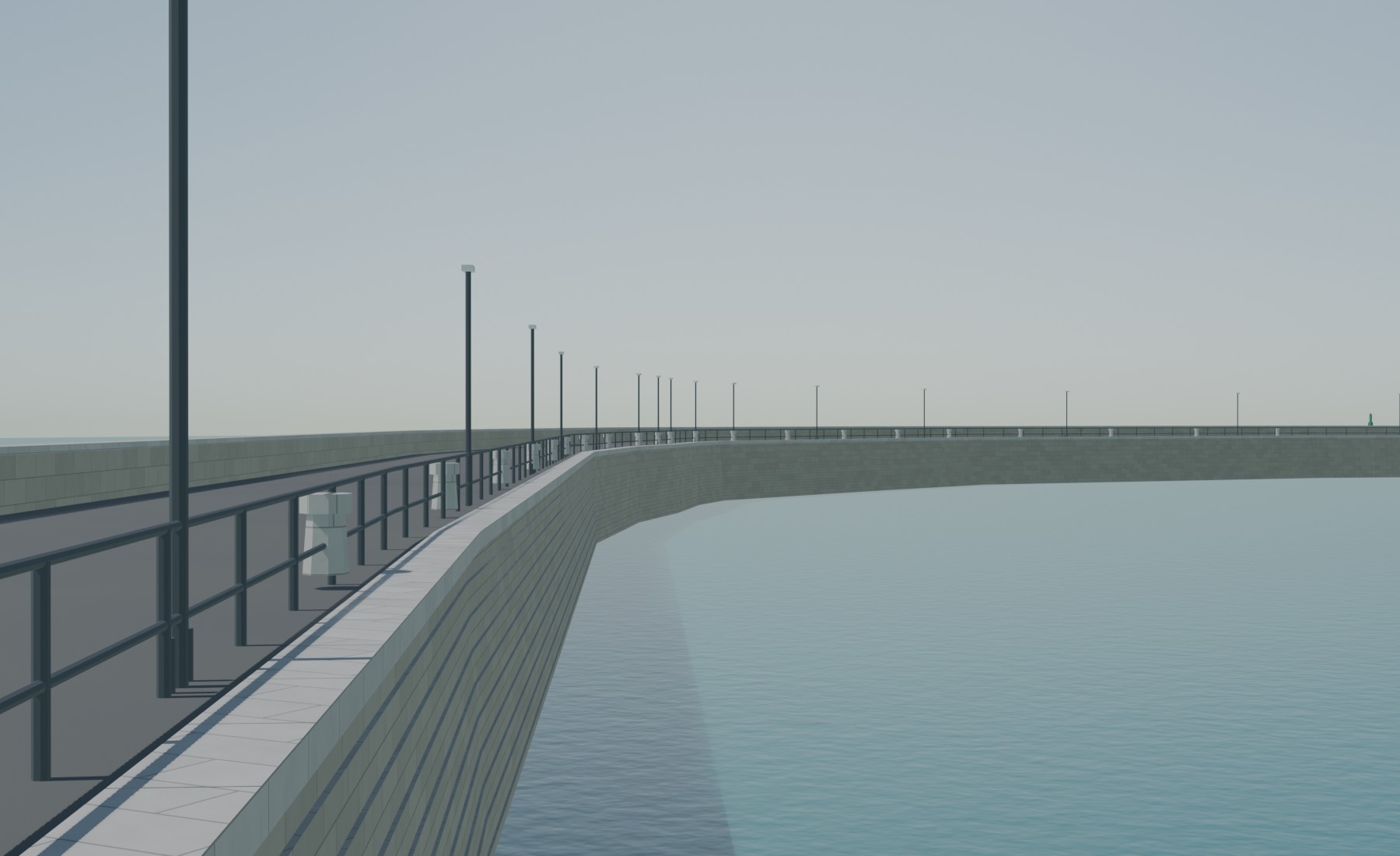 Existing Blender source render of Ramsgate East Pier before the new realism repair, showing uniform masonry, simple railings and mooring posts.