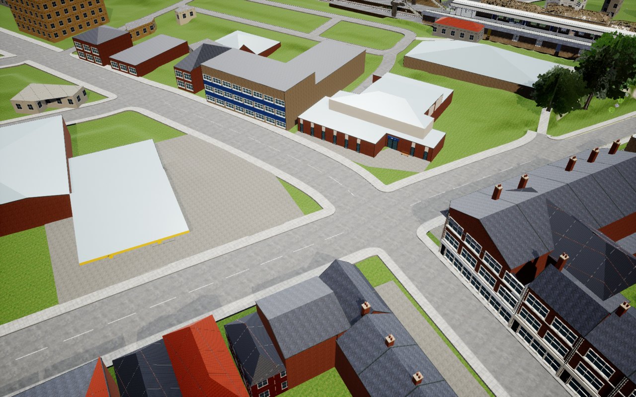Actual Unreal starting overview of Broadway crossroads: simple pale placeholder roads and pavements around the library, shops and petrol canopy, before junction detailing.