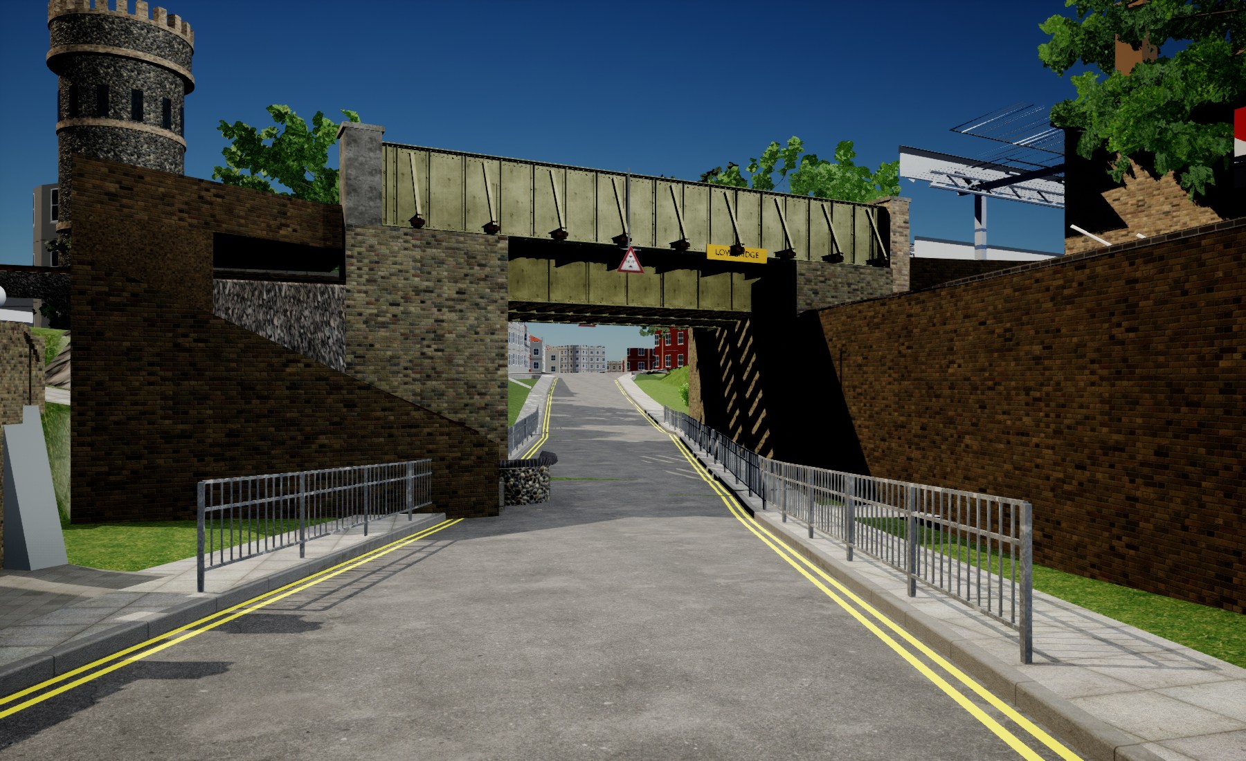 Saved Unreal view of Broadstairs bridge from the east after road corrections, showing continuous carriageway, double yellow lines and pedestrian guardrails. Bridge deck, retaining walls and stairs still require correction.