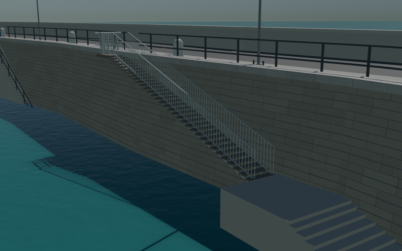Blender geometry diagnostic of the Ramsgate East Pier candidate: a pale metal upper stair descends along the masonry wall to a wider stone landing and lower stone steps. Native visual acceptance is pending.