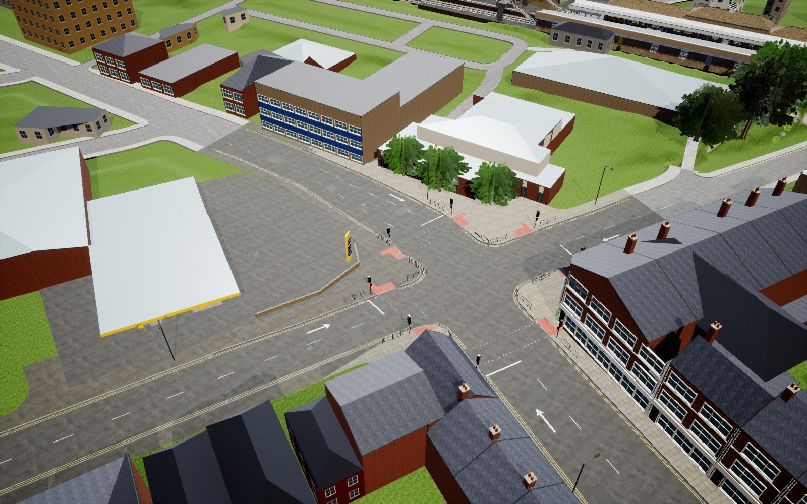 Saved Unreal view of the corrected Broadway petrol-station corner, showing the recessed kerb, widened road approach and asphalt forecourt.