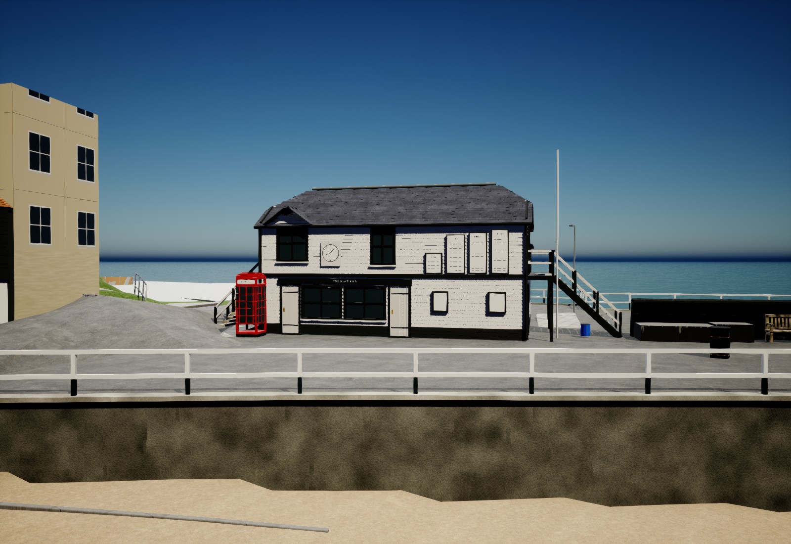 Unreal candidate preview of Broadstairs Old Boathouse, showing the corrected shopfront, slate roof, clock, rescue boards and steeper loading stairs.
