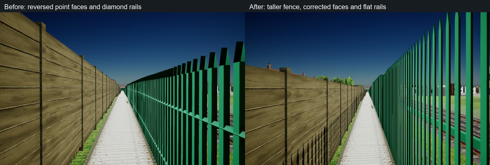 Actual Unreal views of the same alley before and after the correction. Left: lower security fence with dark reversed spike caps and jagged rail joints. Right, from a slightly raised camera: tall pointed green fencing above the timber garden panels, with clean solid points and flat rails.