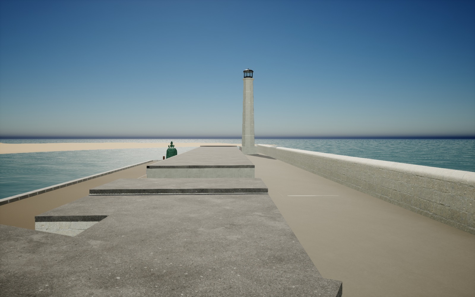 Native Unreal preview of the raised continuous outer harbour wall beside the plain upper walkway, looking towards the lighthouse.
