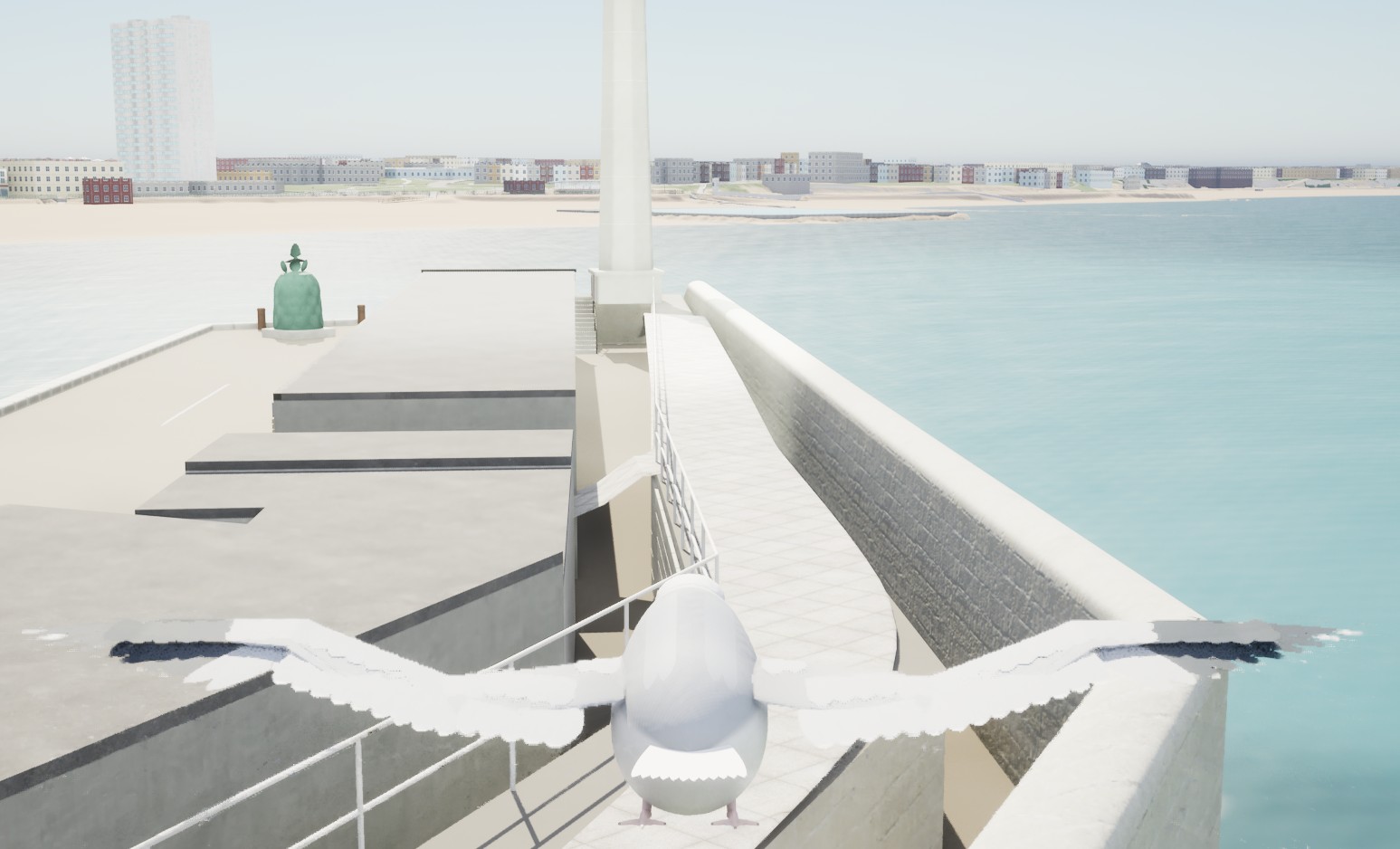 User-provided before screenshot: a seagull above the upper pier walkway, with visible gaps alongside the buildings and outer wall.