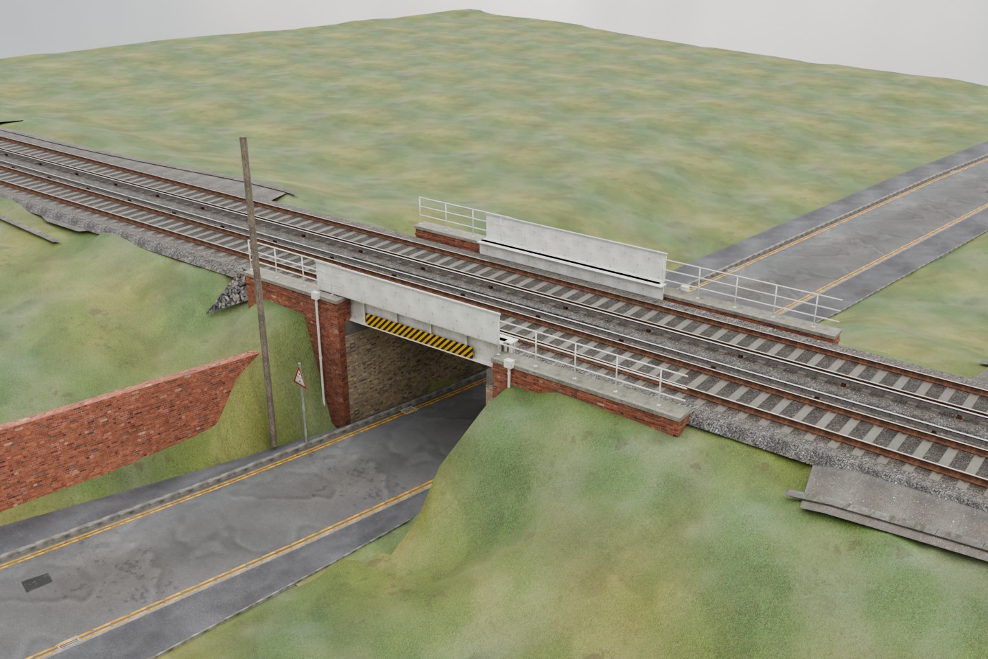 Actual Epple Road progress render viewed from above: detailed twin tracks cross the white steel bridge, with repaired grass banks, clear road opening and corrected west boundary-wall placement.