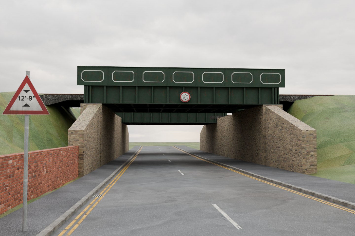 Starting-state Blender render of the All Saints Avenue twin railway bridges with decorated green iron panels, a straight road and unfinished approach context.
