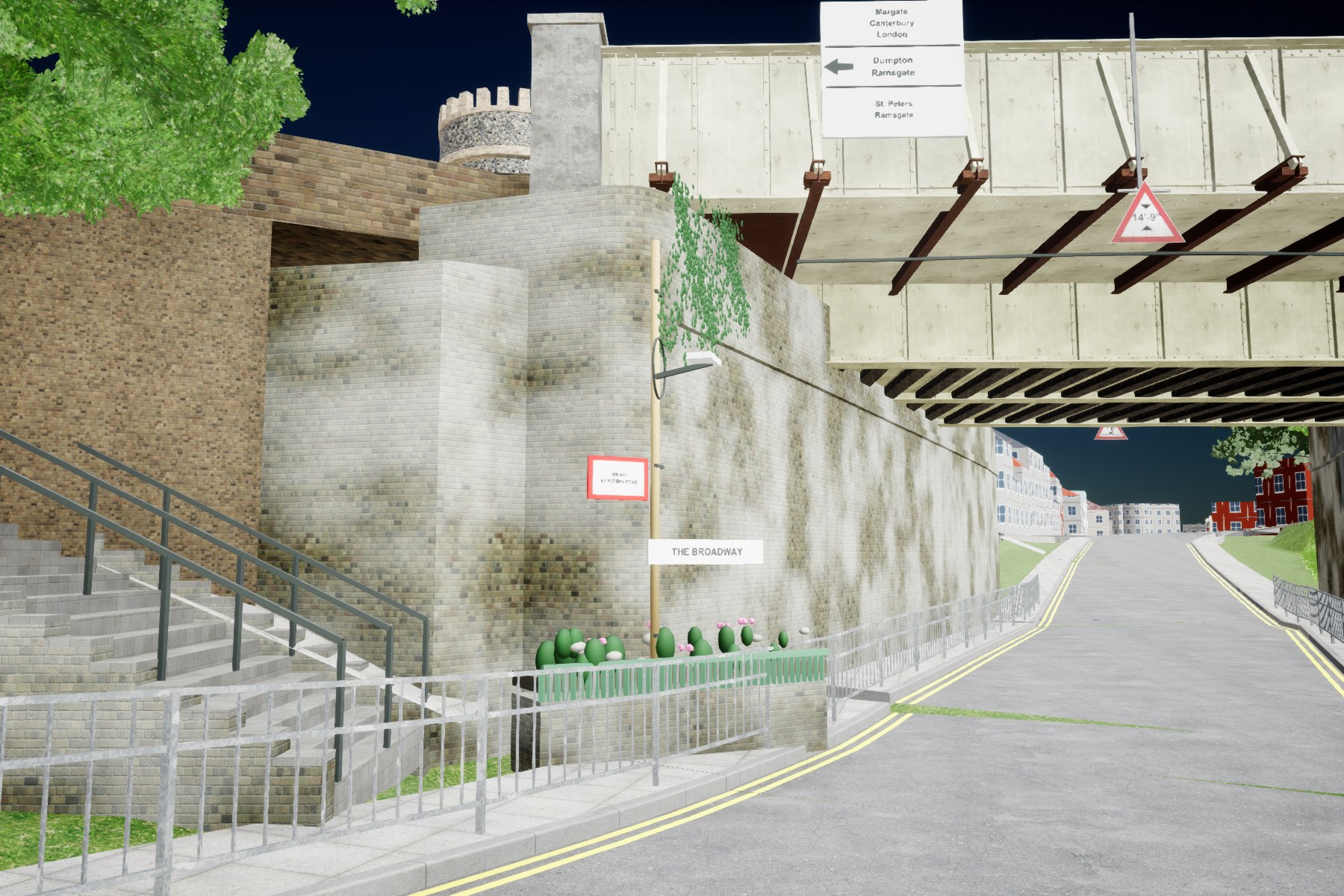 Unreal candidate close-up of Broadstairs bridge, showing reconstructed corner masonry, stairs, green planter and direction sign. The scene remains unfinished, with bright masonry and surrounding bank geometry still under revision.