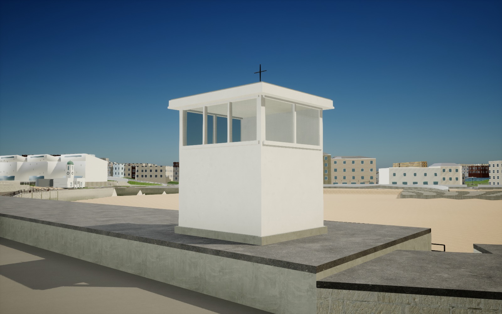 Actual Unreal native preview of the white lookout above the pier roofs, with high framed windows, a shallow flat roof and aerial, seen from the upper walkway.
