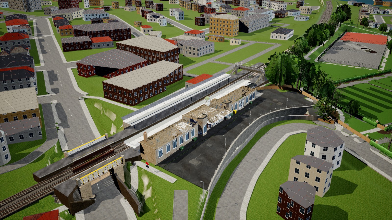 Unreal aerial baseline before the rail cleanup, showing Broadstairs station, the High Street bridge, rough terrain banks and generic surrounding buildings.