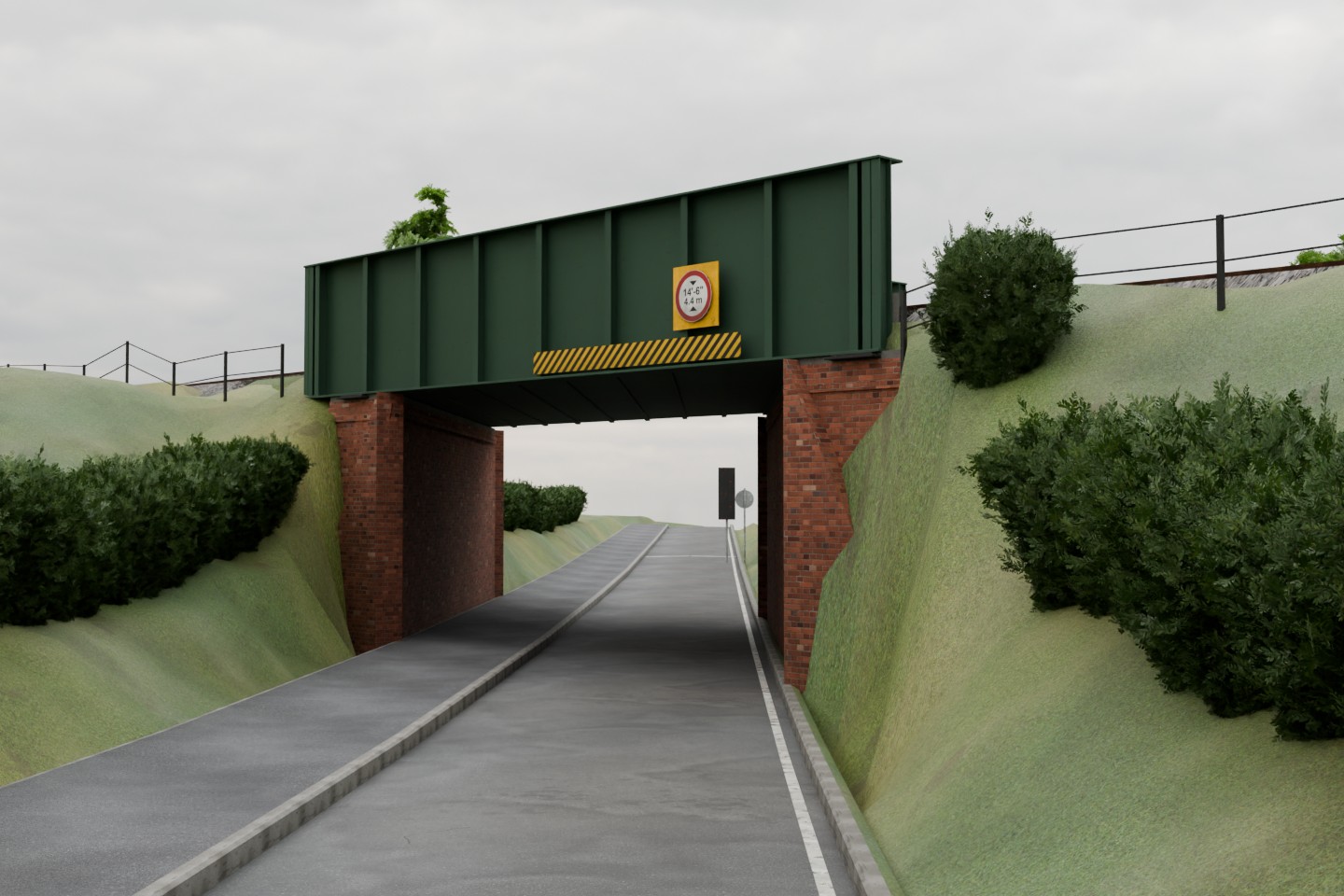Actual Blender render of the selected Minnis Road railway bridge: green plate girders, signed 4.4m opening, brick abutments, raised footway, bank-edge hedges and crest fencing.