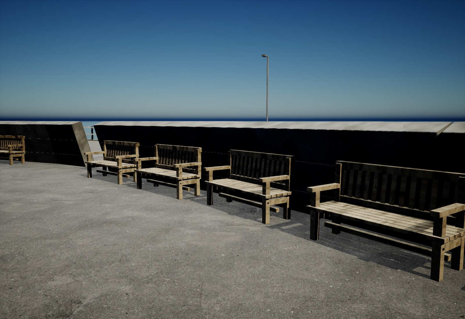 Unreal candidate detail of west-facing timber benches beside the corrected black, west-leaning pier divider.