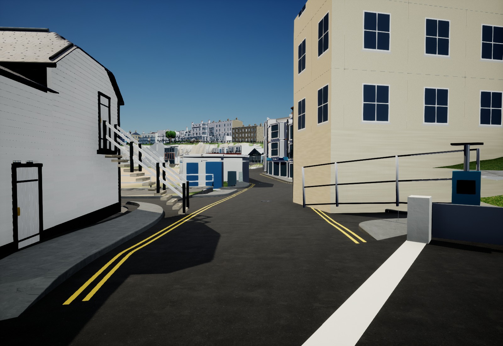 Actual Unreal candidate capture looking from the harbour carpark toward Lower Harbour Street: continuous asphalt replaces the former raised grey hump and grass patches.