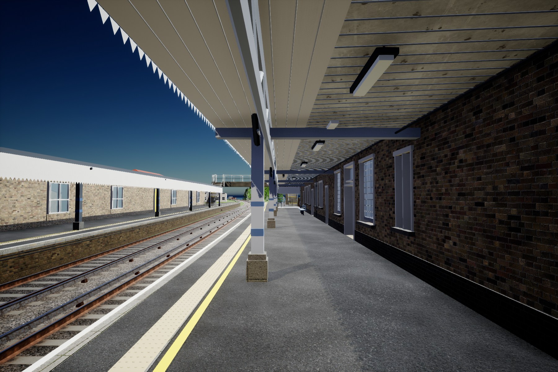 Actual Unreal station progress render beneath an opaque canopy. Curved white coping, yellow warning lines, buff tactile paving and darker platform asphalt are visible. Roof visibility is saved; these platform details remain a candidate.