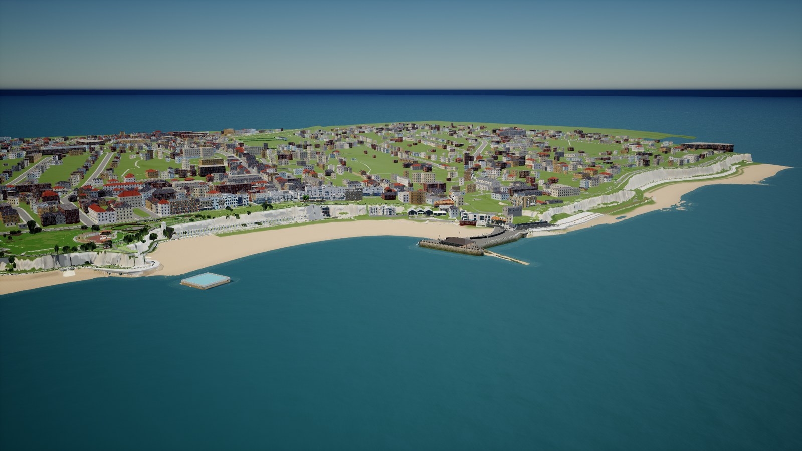 Aerial view of Broadstairs and Viking Bay in the Unreal Engine build: white chalk cliffs, a curved sandy beach, the jetty and a town of simple box-shaped buildings behind.