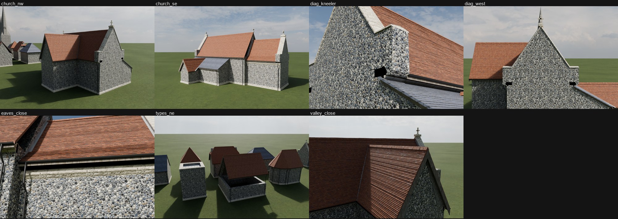 Earlier Blender roof-component test sheet: flint church test walls with red tiled roofs, close-ups of gutters, and visible black gaps at parapet shoulders. This is library test geometry, not an accepted finished church.
