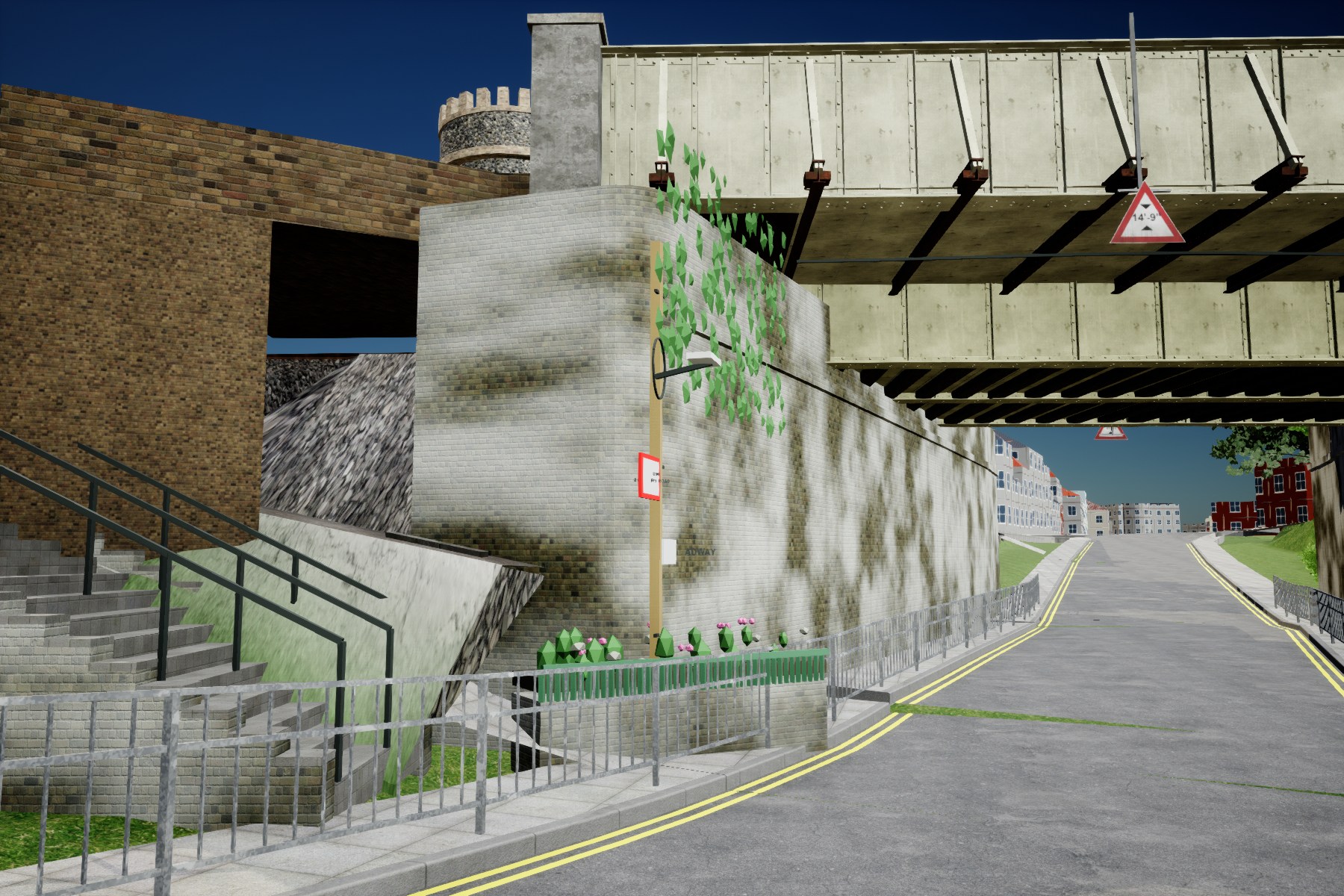 Unreal candidate close-up of the south-east Broadstairs bridge corner with shaped pier, stairs, planter, pipe, lamp and ivy. The prototype still has pale masonry and incorrect background banks; visual acceptance remains open.