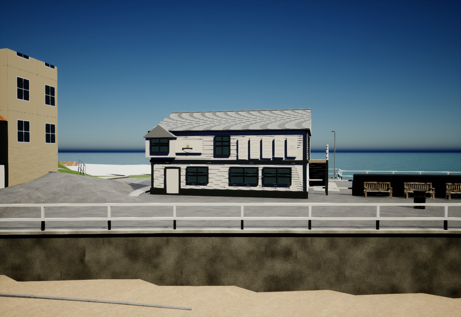 Before-work Unreal view of the simplified white Old Boathouse and the adjoining middle-pier benches.