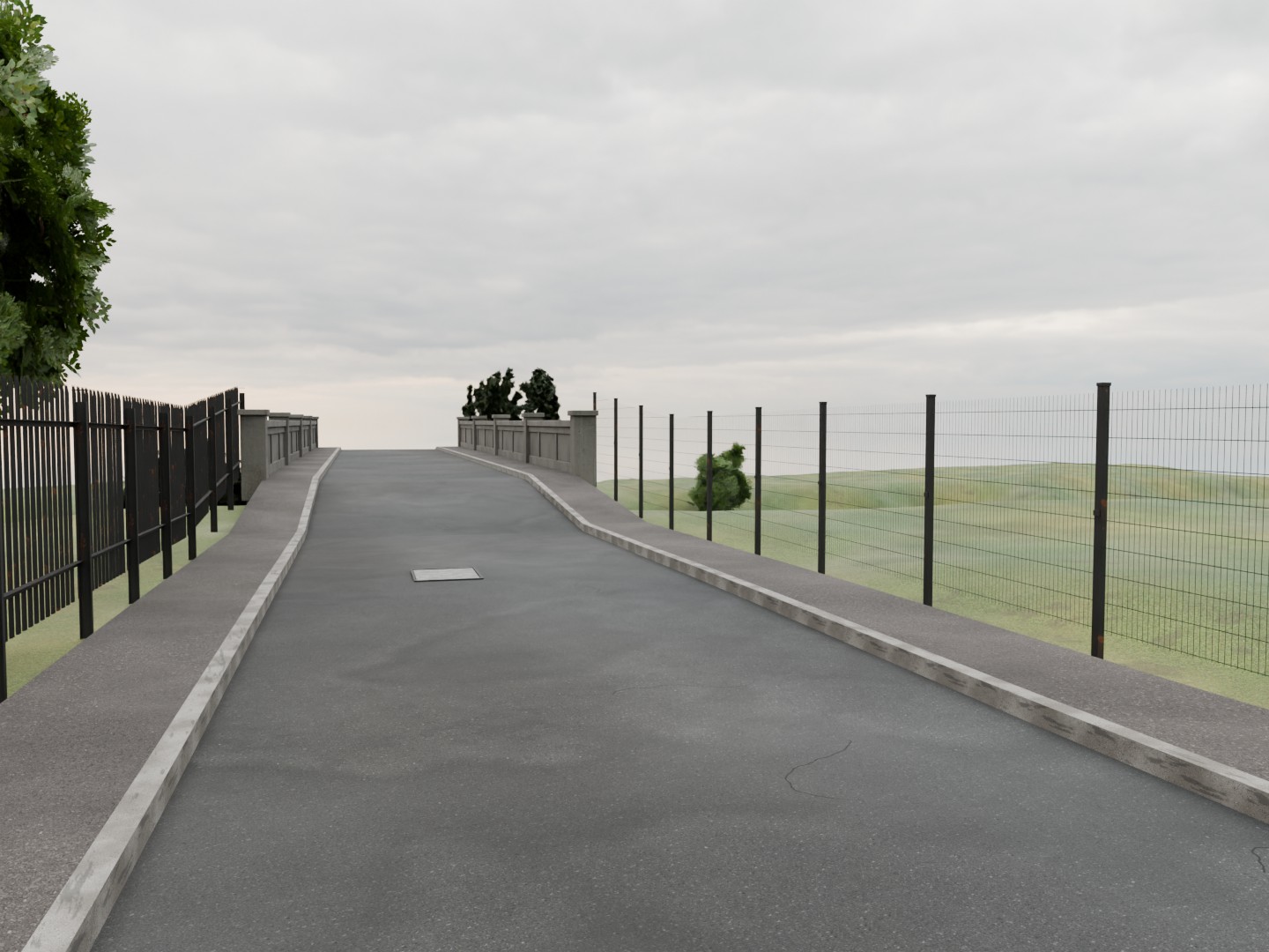 Actual Bay View Road bridge render showing the curved approach, concrete parapet panels, left palisade fence, foreground broadleaf canopy and two evergreen trees beyond the bridge.