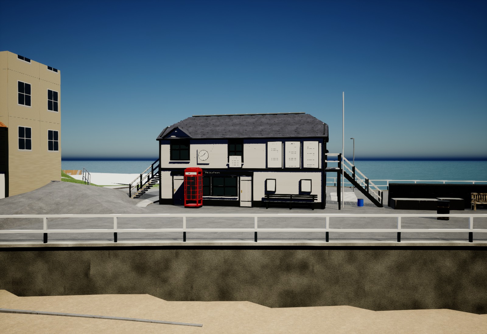 Saved Broadstairs Old Boathouse revision in Unreal, with telephone kiosk, rescue boards and loading stairs; surrounding ground remains unfinished.