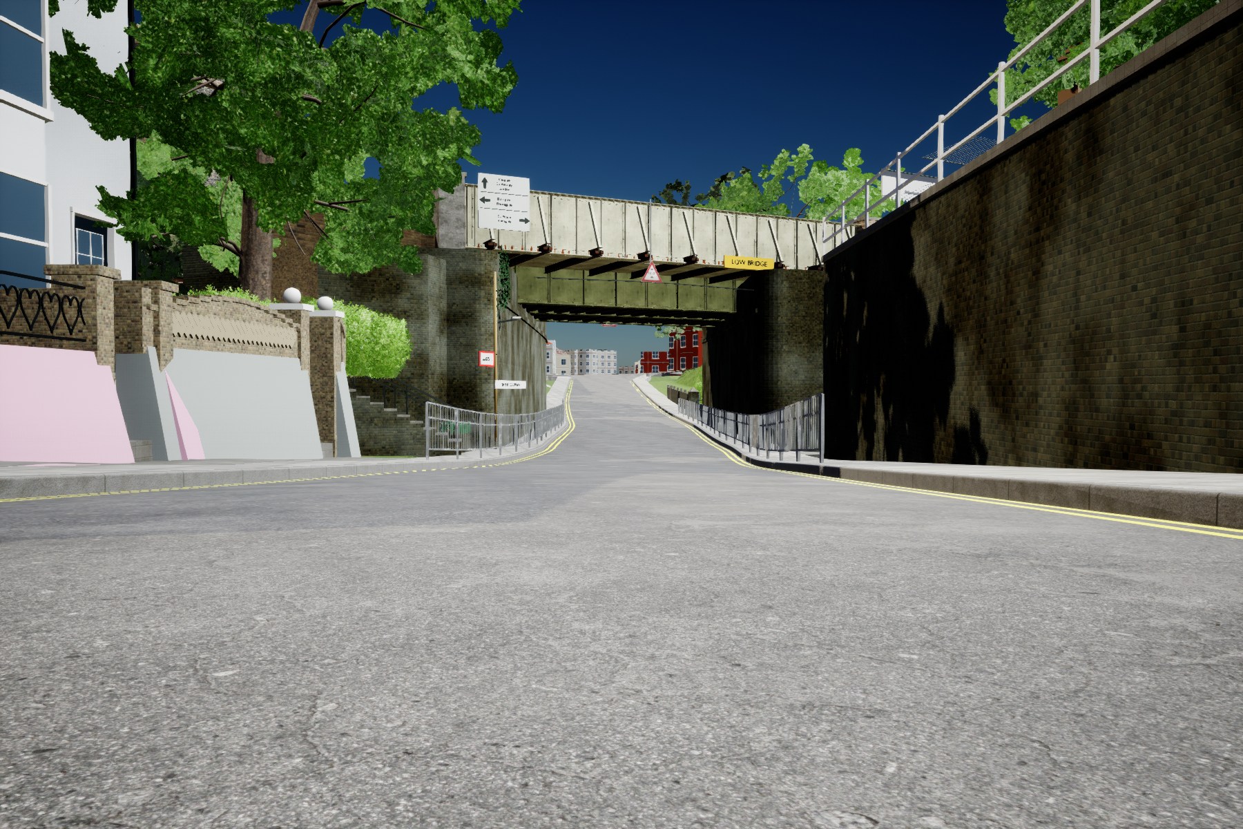 Actual Unreal working preview of the smooth Broadstairs road valley, intact pedestrian railings and ongoing bridge and stair refinements. Road and railing geometry have been saved and independently reopened; bridge-side detail remains work in progress.