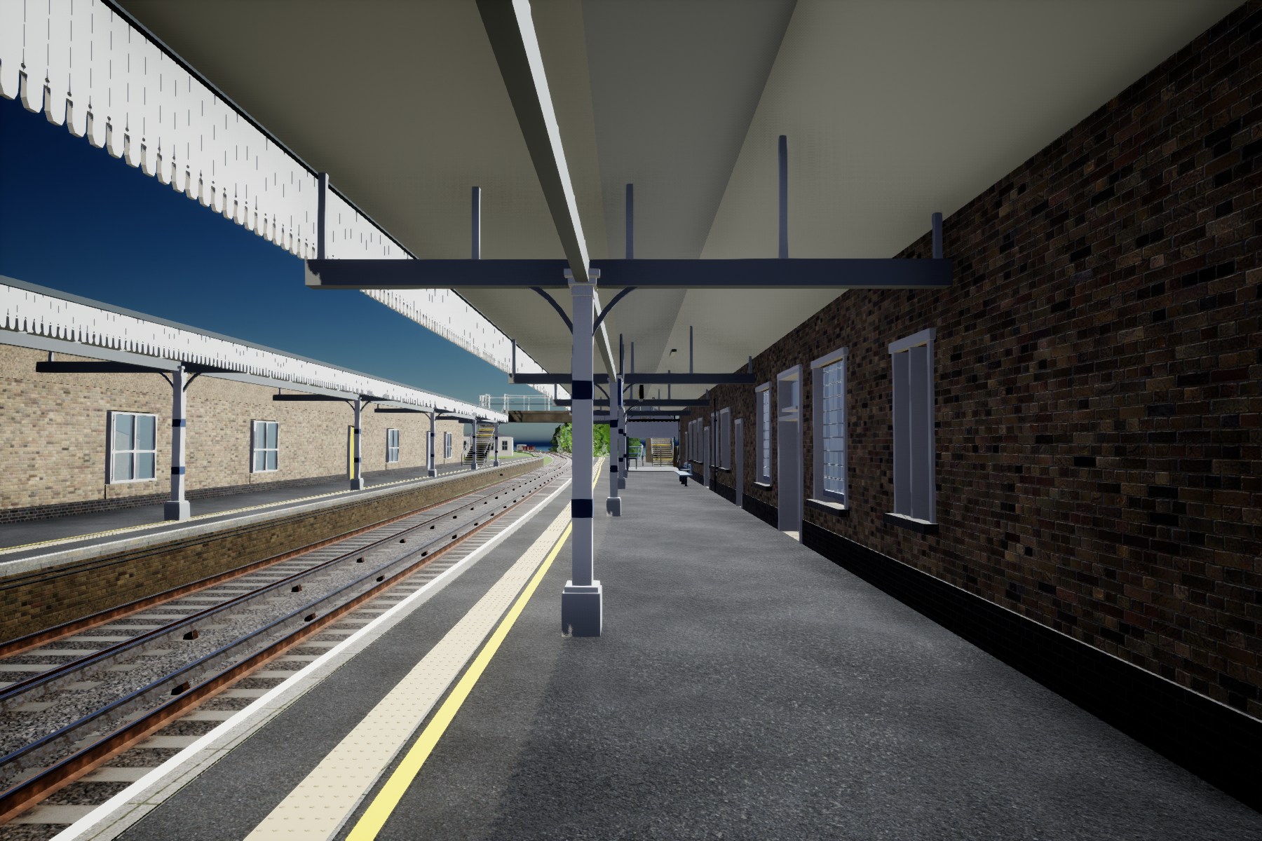 Actual saved Broadstairs station render beneath the canopy, showing a solid roof underside, curved column brackets, pierced white valance, platform warning strip and curved tracks. Additional ballast-edge ground correction remains pending.
