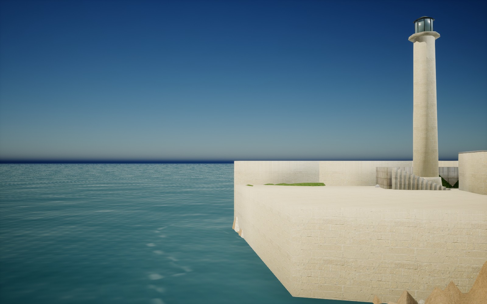 Actual Unreal diagnostic baseline at Margate pier head: a simplified tall lighthouse, bare quay, grass protruding through the upper deck and stair landing, and no Shell Lady. Marine weathering and head railings are missing.