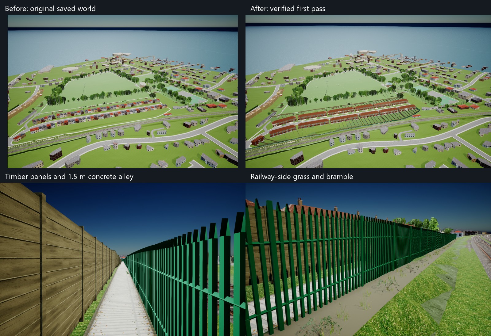 Four actual Unreal captures: original recreation-ground and Norman Road overview, verified saved-world overview with individual gardens, narrow leaf-textured alley with timber panels and green security fence, and grass/bramble vegetation on the railway side. First-pass model; not a photograph.