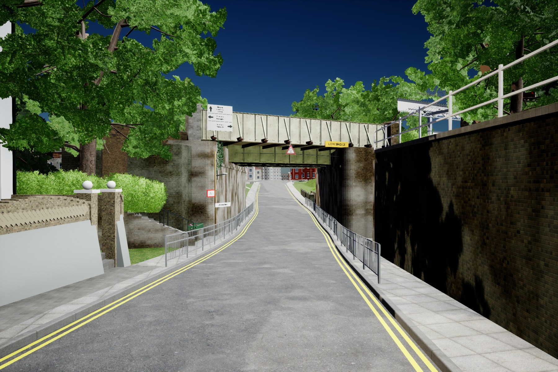 Actual Unreal work-in-progress preview of Broadstairs bridge from the east, showing the smooth road valley, pedestrian railings and more detailed bridge corner. Large north-side walls and unfinished station structures remain visible; the surrounding geometry is still a candidate.