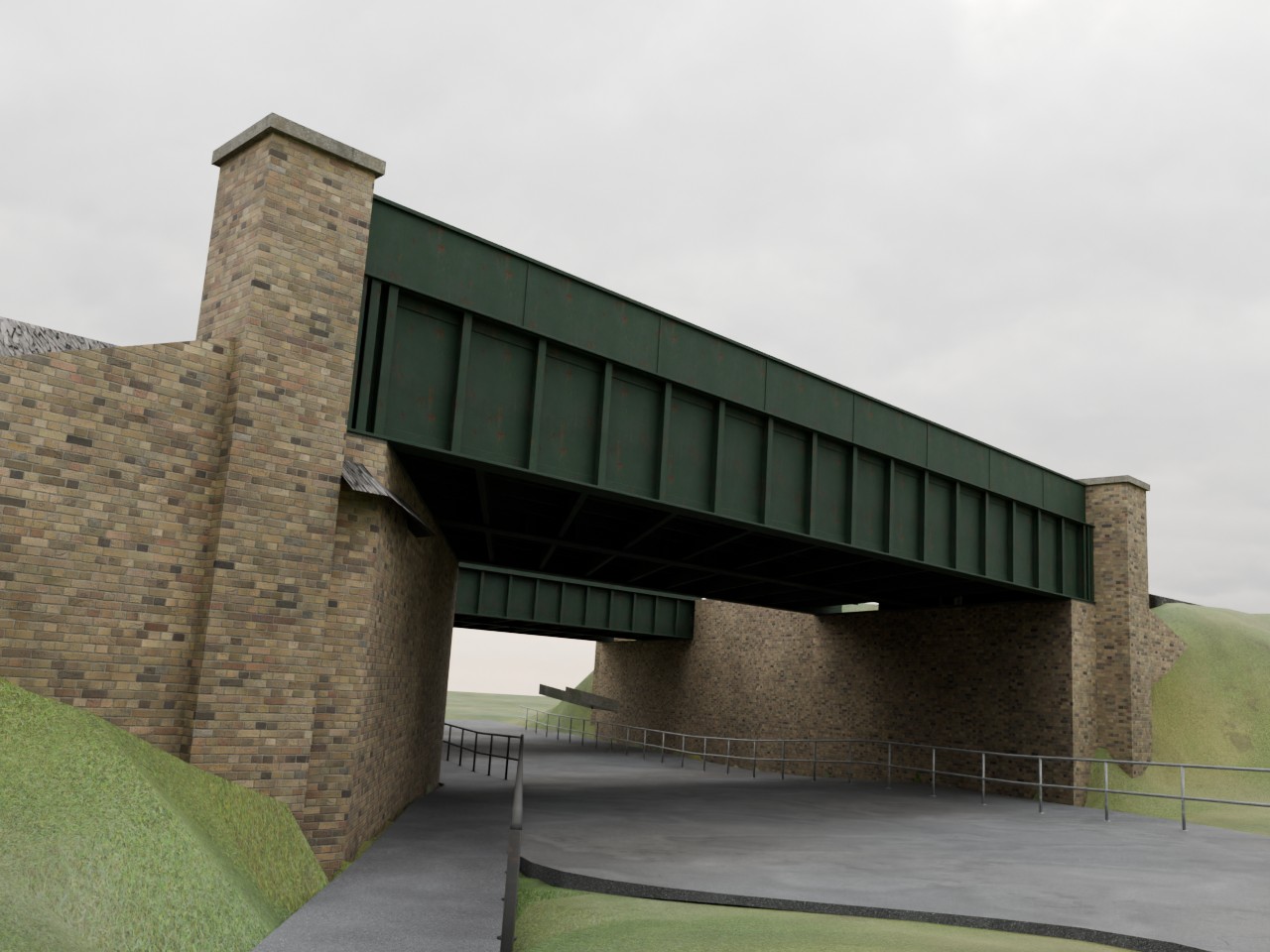 Final selected Fulsam Place model viewed from the reference-photo direction: weathered green twin steel decks, buff brick piers and western wing wall, lane, footway and railings.
