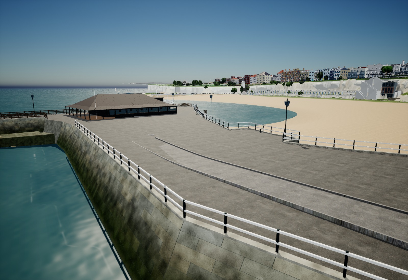 Before work: native Unreal view of Broadstairs pier middle, with an empty asphalt deck and low guide strips where the divider and seating should be.