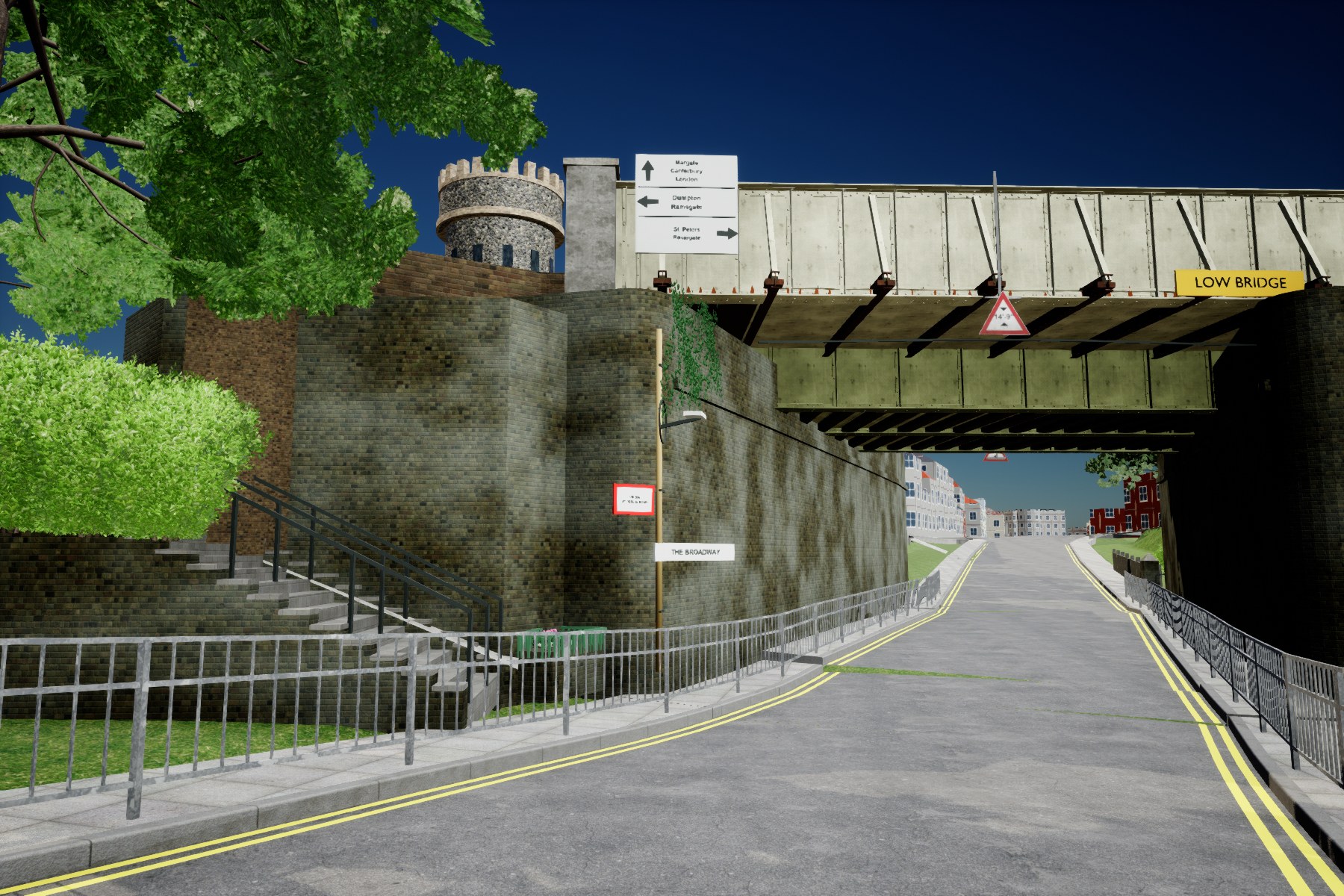 Actual Unreal candidate render showing Broadstairs bridge, a compact flower bed beside the steps, intact pedestrian railings and Crampton Tower battlements. Road joins and surrounding access geometry remain unfinished.