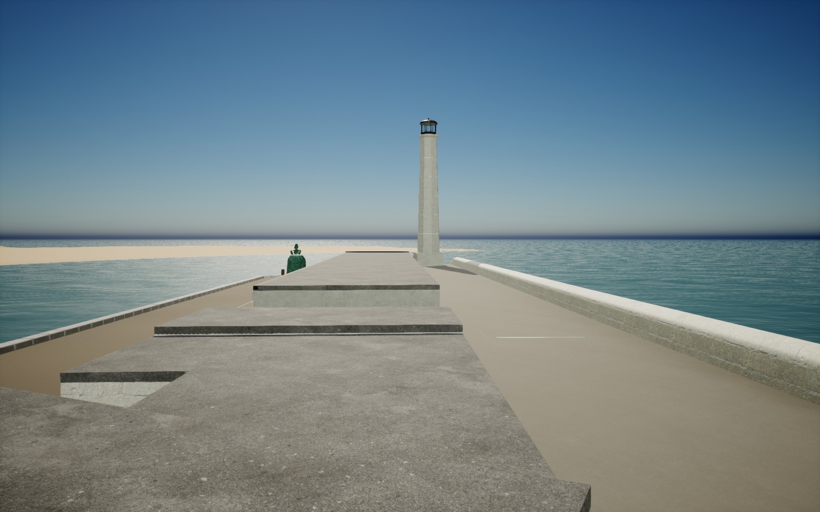 Actual Unreal diagnostic view towards the lighthouse: continuous plain upper walkway touches the outer wall and building backs, with no railings between walkway and roofs.