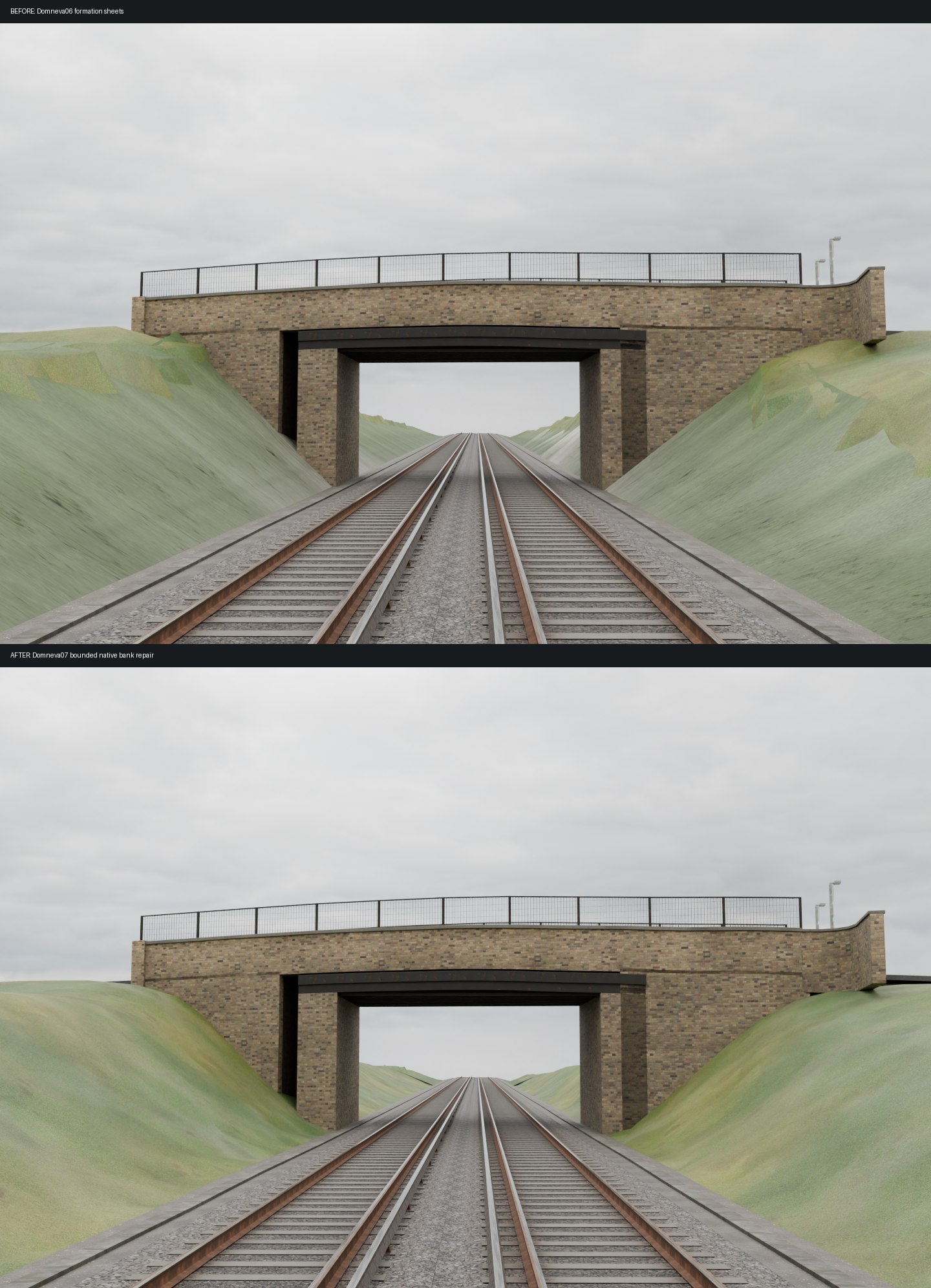 Actual Domneva Blender renders: before shows pale faceted formation sheets; after shows continuous banks meeting the preserved detailed tracks. Materials and context remain unfinished.